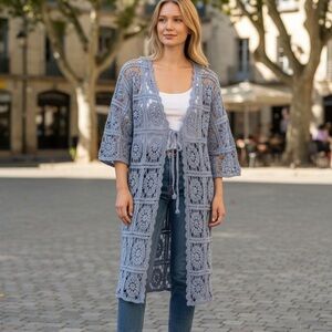 Raj Light Blue Crochet Kimono Cardigan